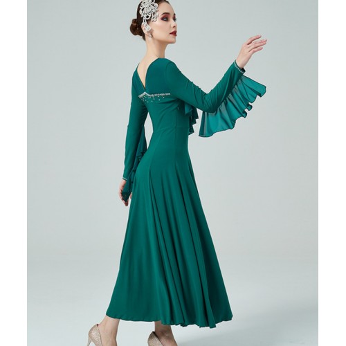 Women girls Wine dark green turquoise competition Long-sleeved ballroom dance dress round neck waltz tango competition with diamond long dress for women